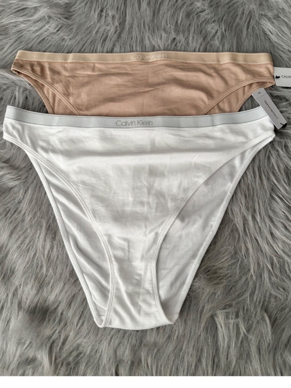 Calvin Klein Panties Lot of 2 Ribbed Bikini Panty White & Tan XL